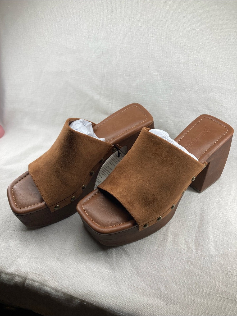 Suede Platform Mule Sandals in Tan with Stud Trim